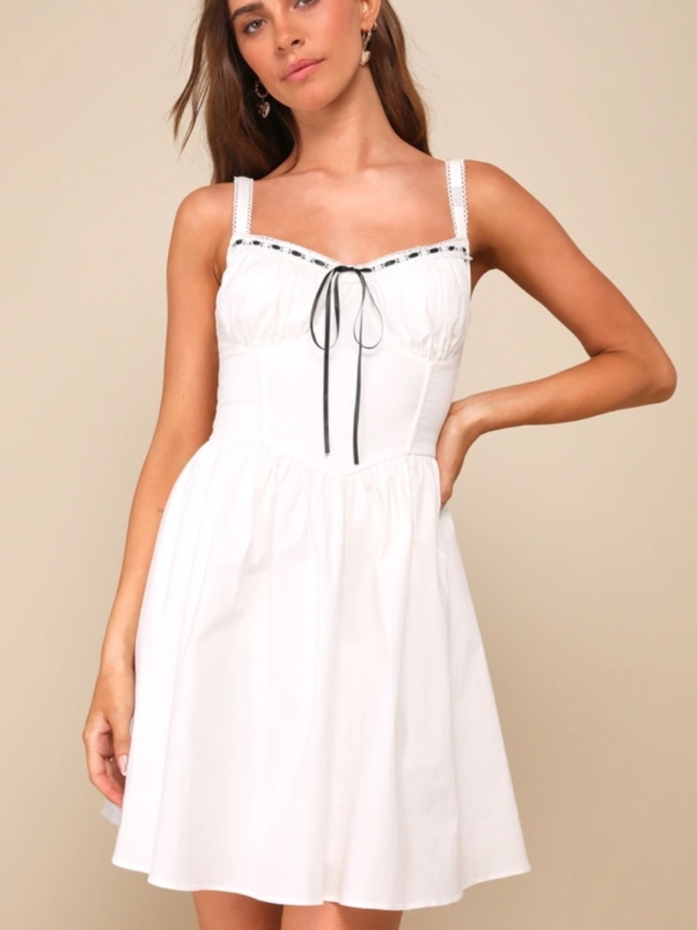 Lulus Deeply Charming White Lace Bustier Ribbon Mini Dress - M